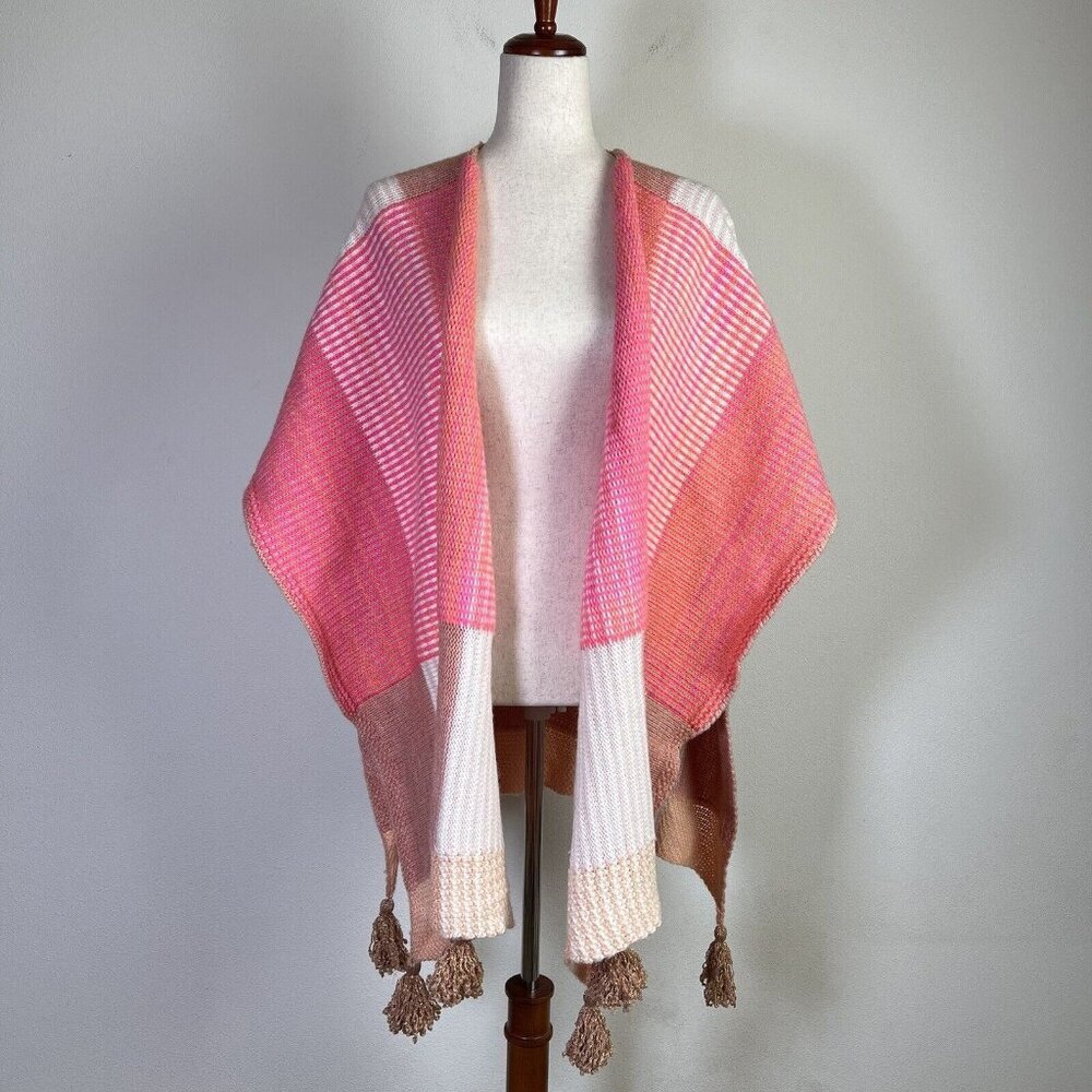 Anthropologie Caroline Kaufman Poncho Sweater Pink Knitted‎ $168 Tasseled Bright